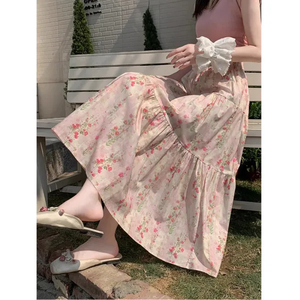 Women's Floral Tiered Midi Skirt, Elastic Waist A-Line Skirt with Green & Yellow Flower Print, Casual Flowy Summer Skirt