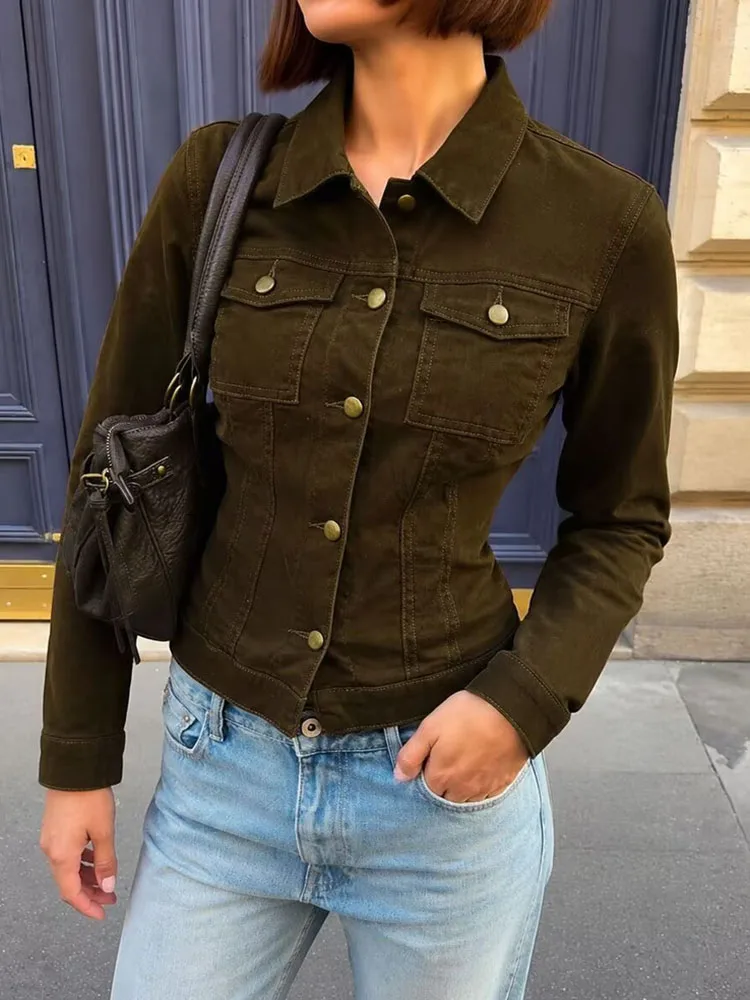 Lapel Collar Metal Buttons Cargo Jacket Waist Cinching Slim Fit Coat Women Vintage Long Sleeve Outerwear Tops Spring Autumn