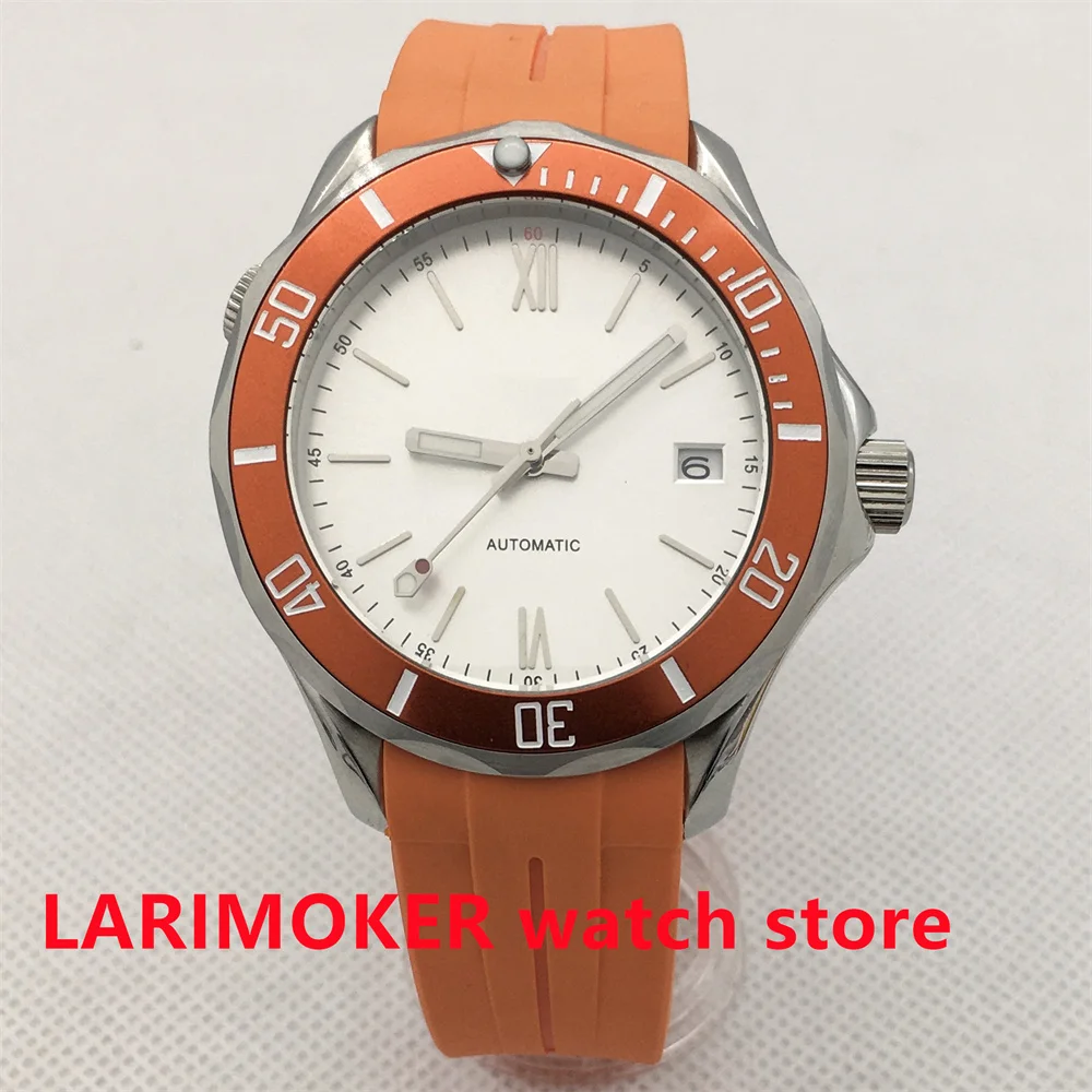 

41mm Sterile White Dial NH35A Automatic Men's Watch Sapphire Glass Ceramic Bezel Unidirectional Turning Ring Orange Rubber Band