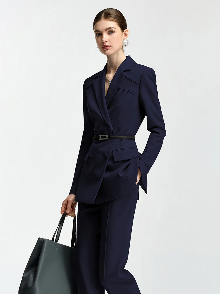 Career Women's Slim Fit Suit Set in Royal Blue Professional Commute Workwear Polyester Blend Long Sleeve Classic Collar