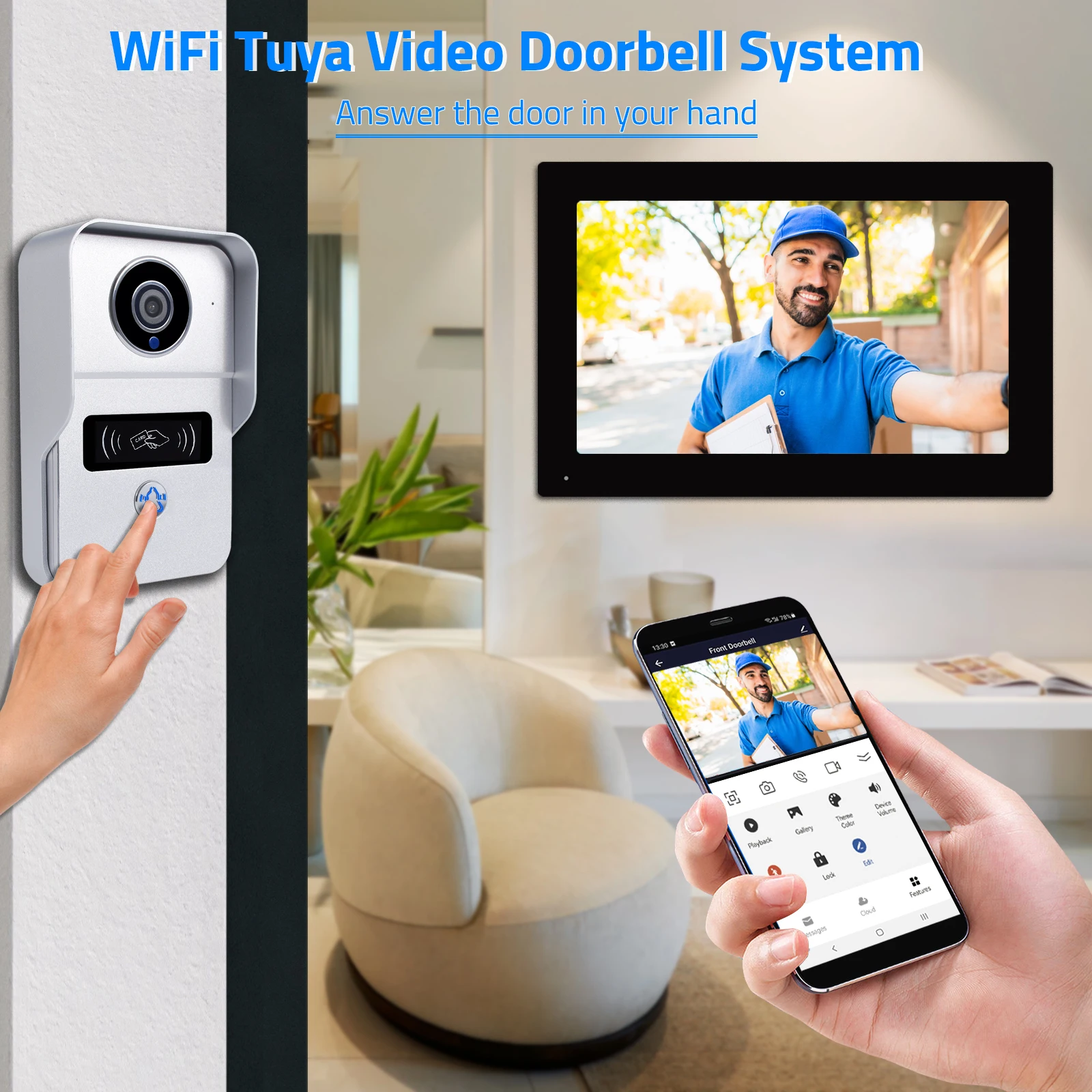 Wireless Wifi Video Doorbell System, 1080P Doorphone Door Camera, 7 Inch Touch Screen, Video Intercom 32GB SD card for Home