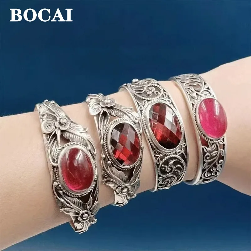 

BOCAI New S925 Silver Set with Pomegranate Red/Red Corundum Egg shaped Turtle Face Flower/Leaf Pattern Open Bracelet for Women