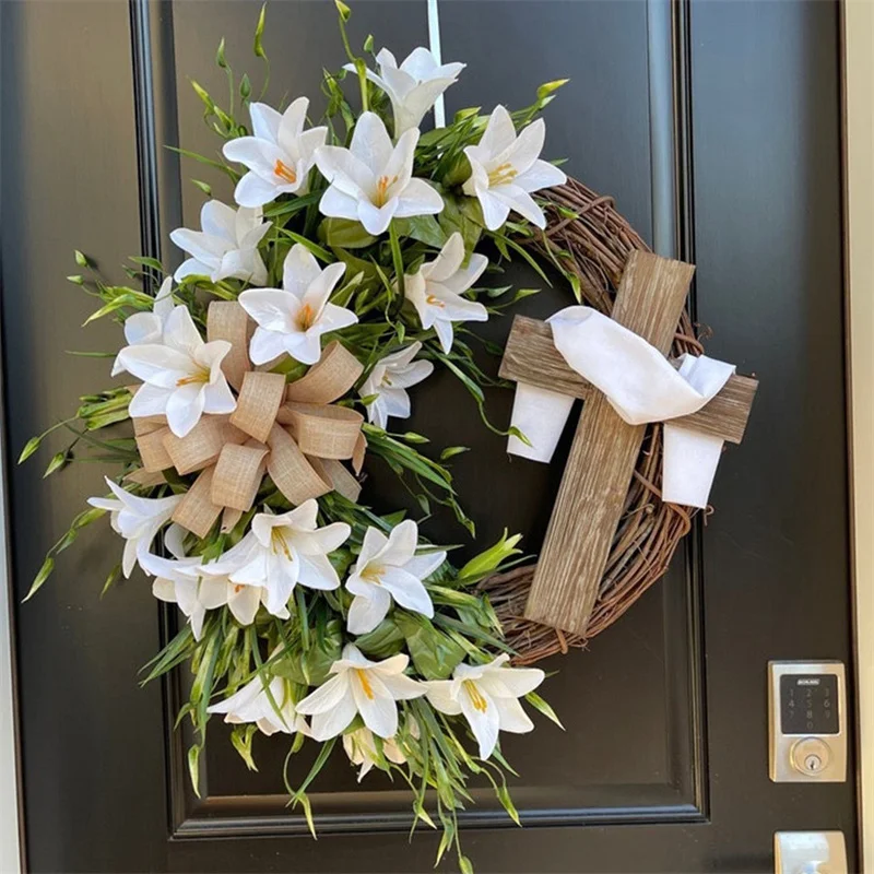 Easter Cross Wreath For Front Door Or Wall Artificial Flower Lily Bow Silk Scarf Religious Garland Spring Wreath Easter Decor