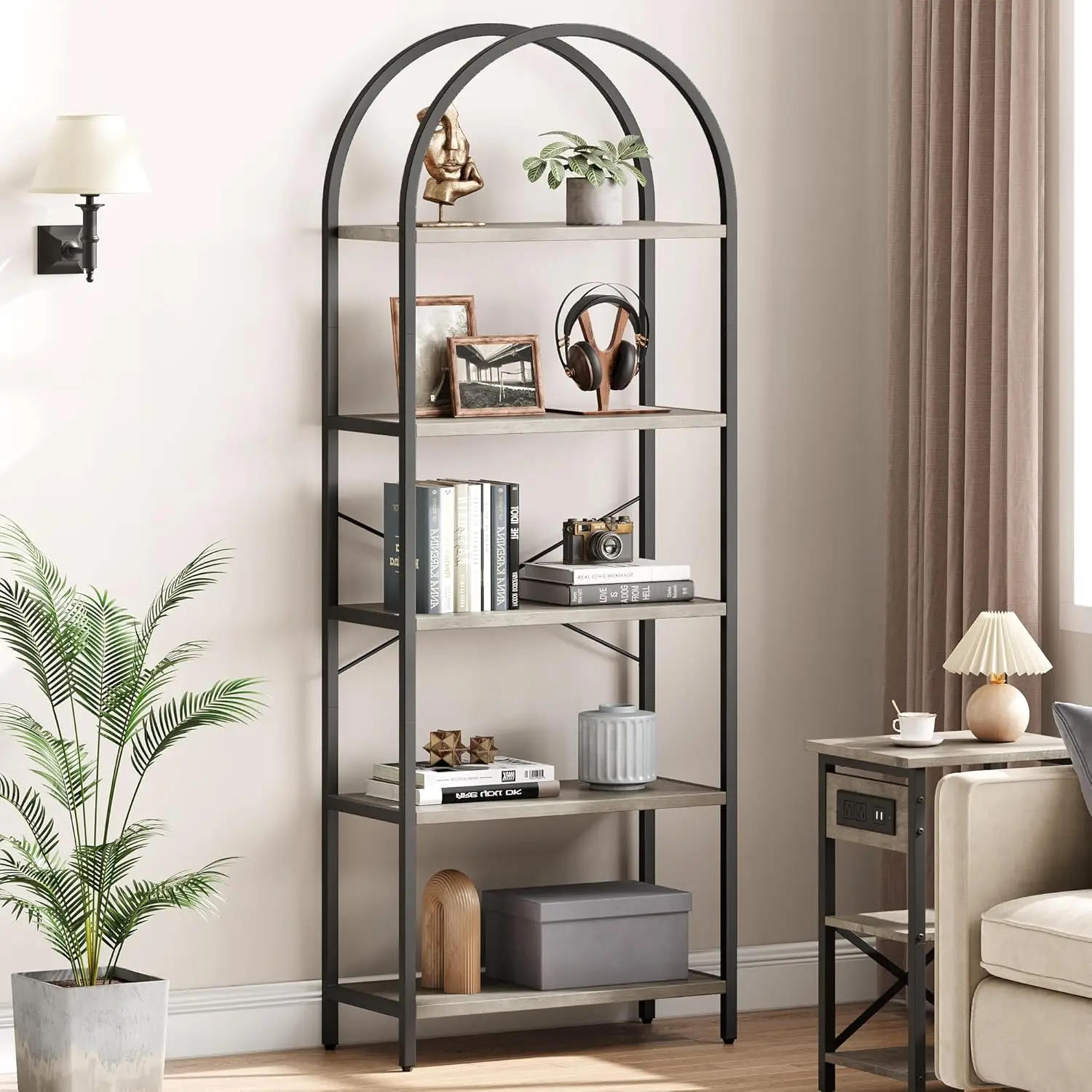 Tier Bookcase Arched Display Racks Tall Standing Bookshelves Metal Frame Farmhouse Storage Rack Shelf Grey Book Shelf