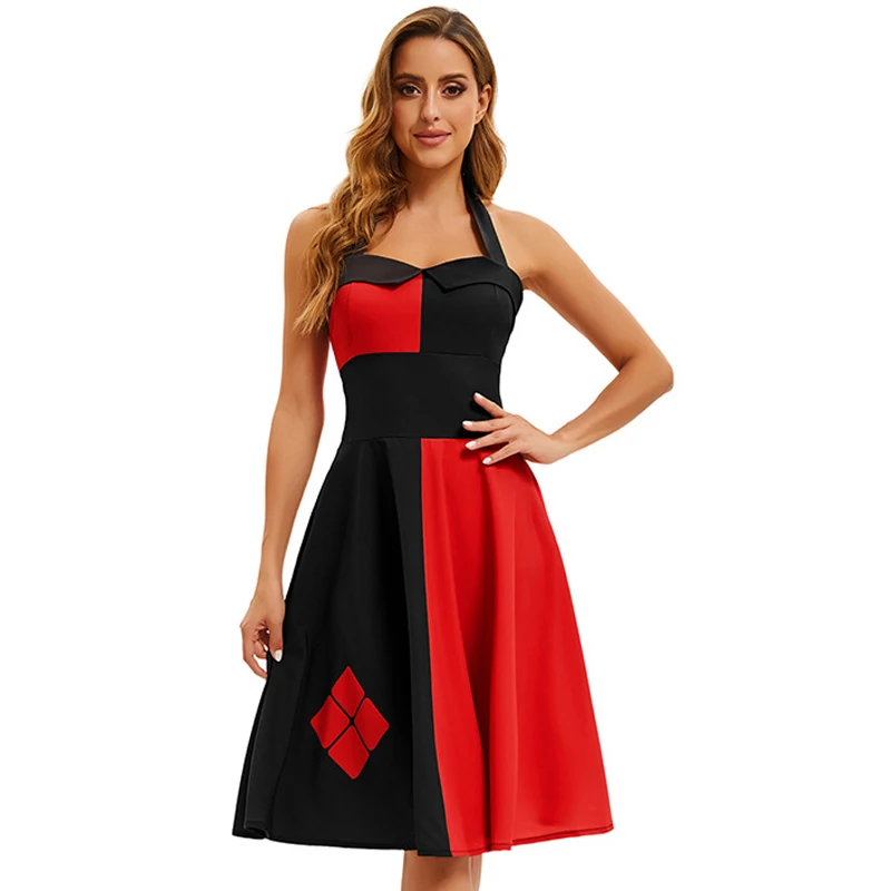 

Halloween Cospaly Black and Red Clown Contrasting Color Print Suspender Stage Show Dress Party Babes Dress