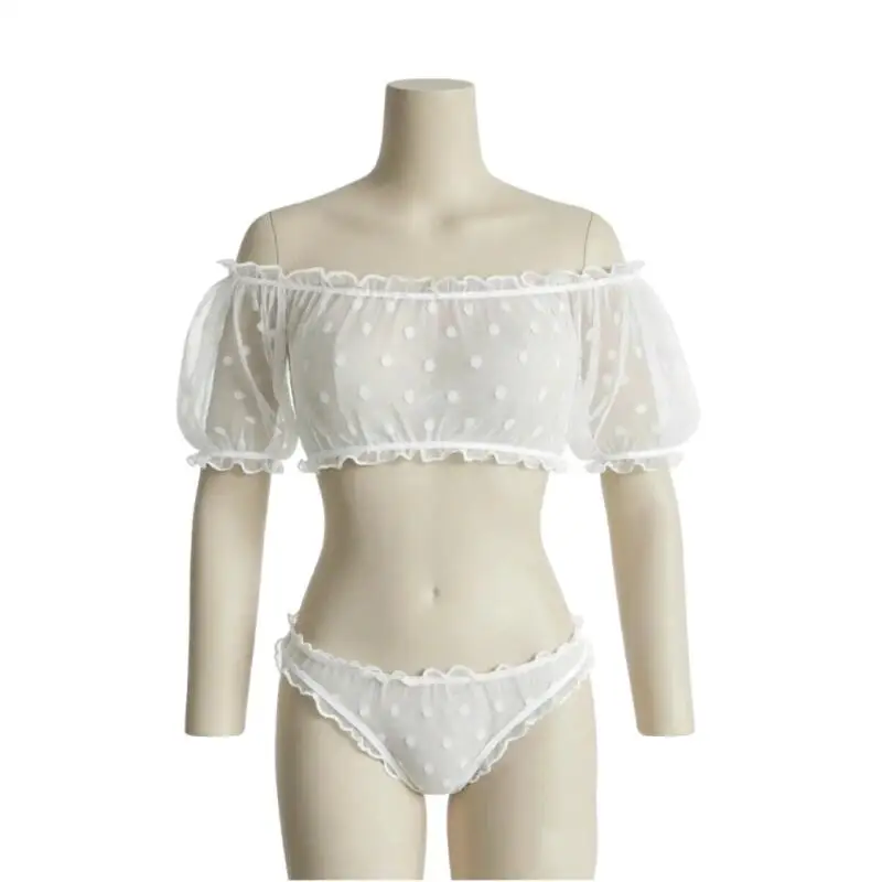 Women Sheer Mesh Polka Dot Lingerie Off Shoulder Puff Sleeve Ruffle Two Piece Nightwear Bra and Pants Intimate Wear Sleepwear - Image 4