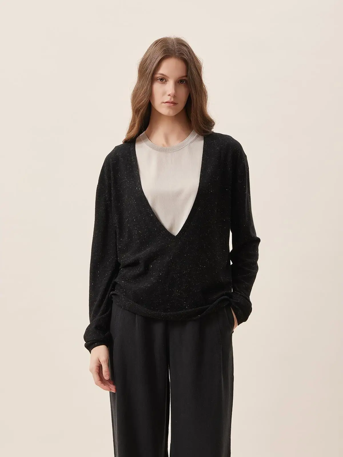 

Уютная трикотажная кофта Theease с глубоким V-образным вырезом, блестящая, классическая, с длинным рукавом, из мягкой шерстяной смеси, в повседневном стиле, свободного кроя