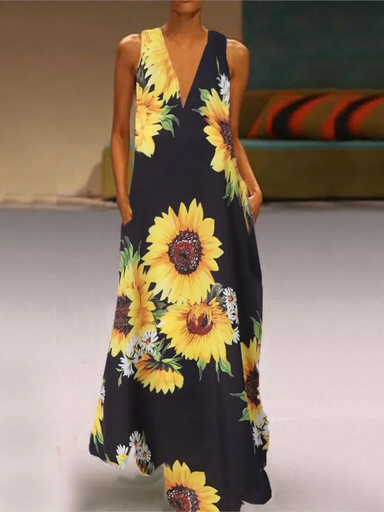 

Elegant Sunflower Floral Long Dress Women 2026 Spring Summer Sleeveless Sexy V-Neck Printed Pattern Extra Long Women Long Dress