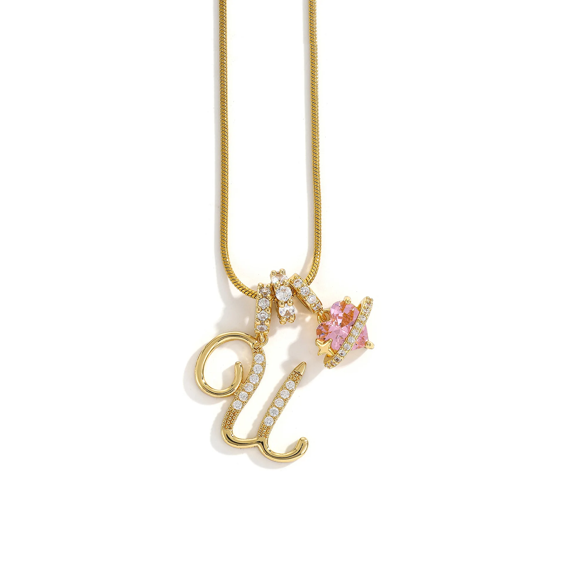 Women's A-Z Initial Letter Pendant Necklace Snake Chain Initial Alphabet CZ Pink Heart Necklace Adjustable Size Hypoallergenic