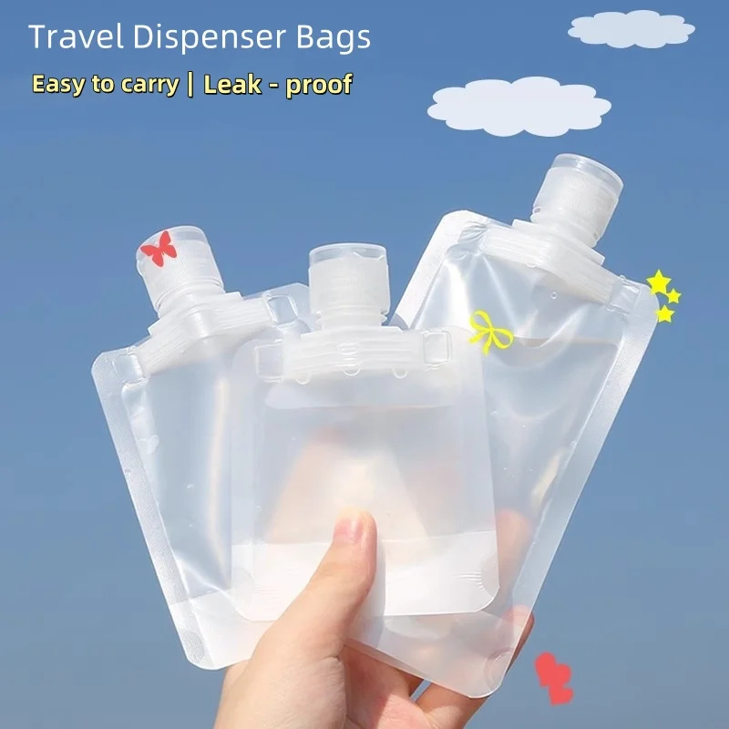 

Travel - sized refillable bags for facial cleanser, body wash, shampoo, and cosmetic lotions. These transparent, portable bags
