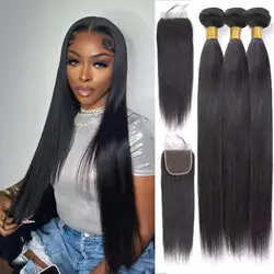 Mèches Brésiliennes Naturelles Lisses avec Closure, 4x4 HD, Noires, Pré-Pincées, 3 Lots