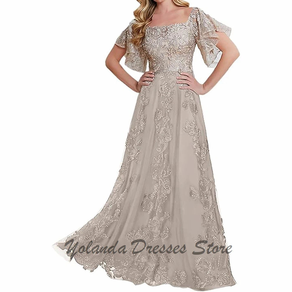 Elegant Boat Neck Mother of The Bride Dresses Applique Lace Sequined Formal Evening Gown Floor Length Zipper Back Short Sleeves