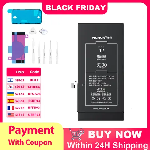 NOHON iPhone Battery For Apple iPhone 15 14 13 Pro Plus 12 Mini 11 High Capacity Batteries For X XS 8 7 6S SE 5S Battery Repair