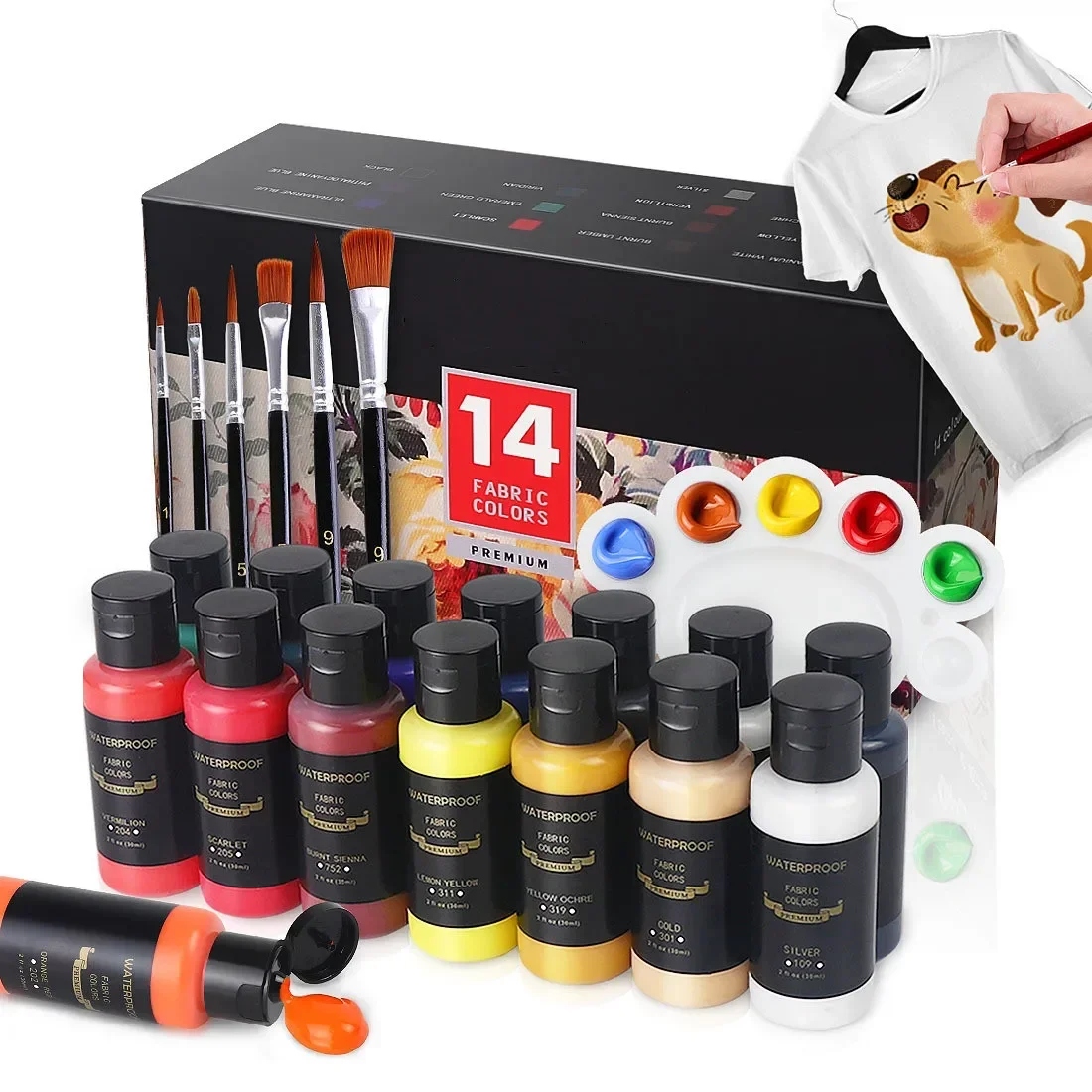 14/26 Colors Fabric Paint Set for Clothes with 6 Brushes, 1 Palette,Permanent Textile Puffy Paint Kit for Shoes, Canvas