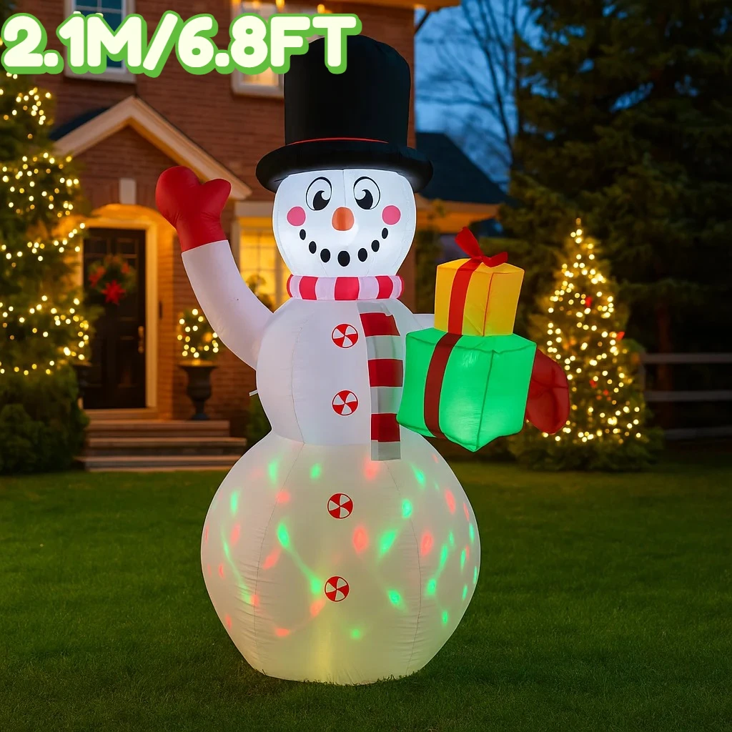 2.1M/6.8FT Kerstversiering Opblaasbaar Speelgoed Sneeuwpop Holding Geschenken Huis Tuin Ornamenten met LED Licht Kerst Outdoor Speelgoed