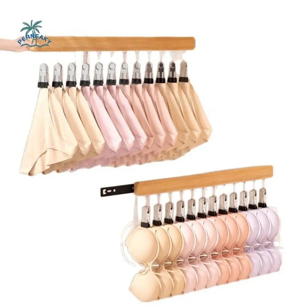 

Retractable Wall Mounted Hat Holder 8/12 Clips Multifunctional Wooden Hats Hanger Push-Pull Space Saving Clothes Drying Rack