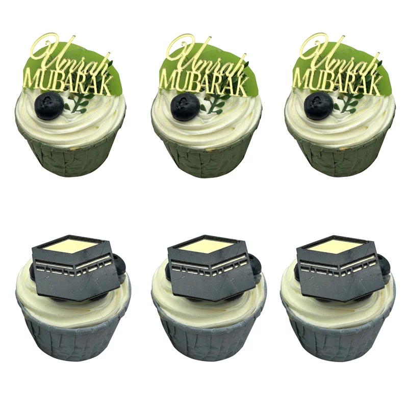 6Pcs Black Gold Acrylic Umrah Mubarak Cupcake Topper Ramadan Kareem Home 2026 Islamic Muslim Party Eid Table Cake Decor Supplies 2