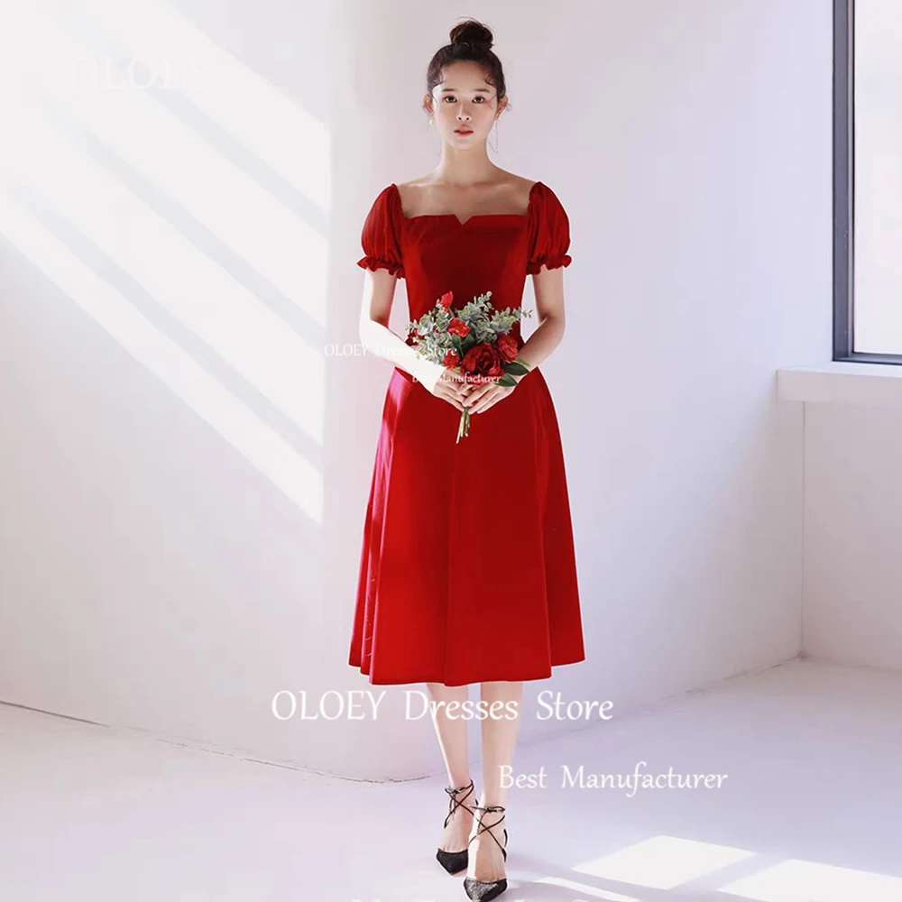 

OLOEY Elegant Square Collar Red Satin Evening Dress Korea Wedding Photoshoot Pleats Short Sleeves Wedding Party Gown Custom Made