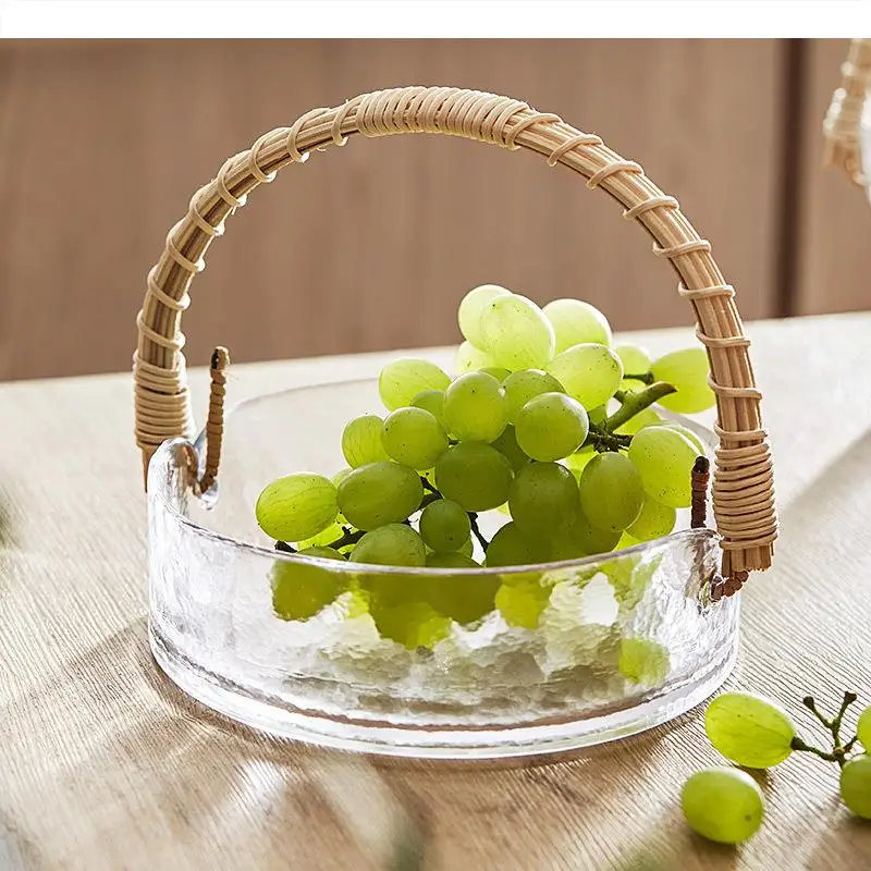 Rattan Handle Glass Fruit Plate Salad Bowl Basket Ice Bucket Snack Tray Dessert Bread Cake Pan Bowls Dishes