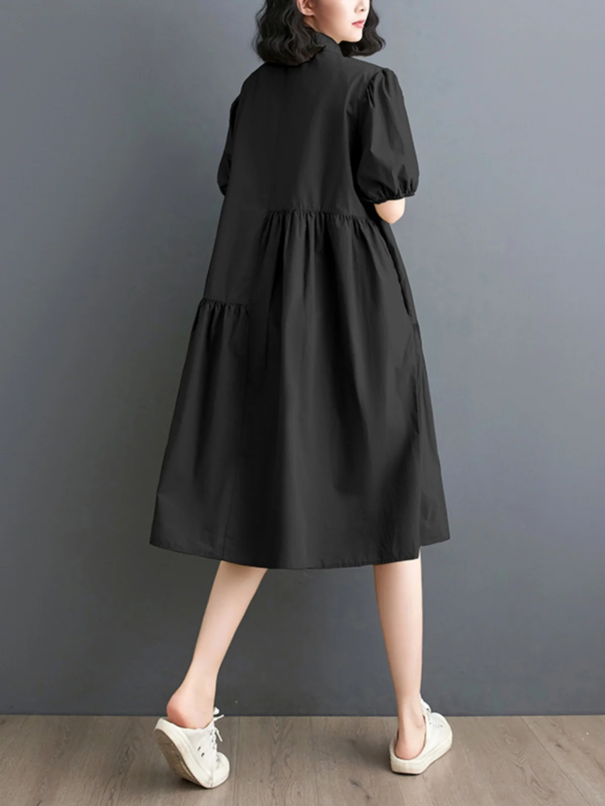   Kragen Lose Midi Dr frauen plus Größe Sommer Abnehmen irt Dr Reine Farbe Blase Sve Pendeln Sle Floral Saum