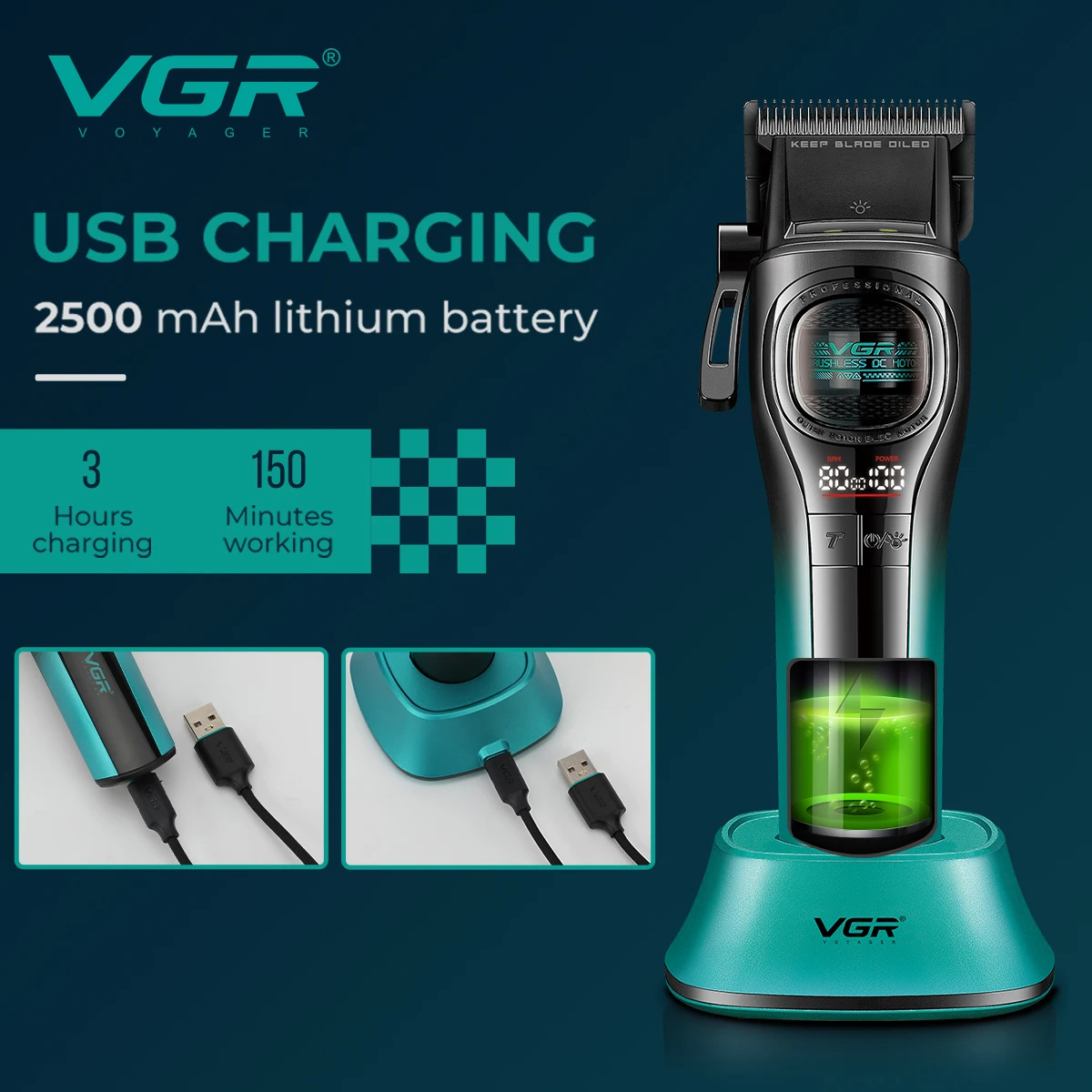 VGR V-888C High end Electric Hair Clipper 8000 RPM Professional Grade Men's Hair Trimmer High end with Base Hair Clipper Electri