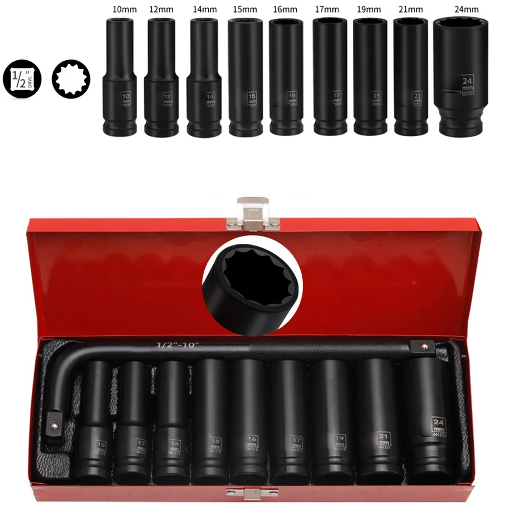 10PCS 10-24mm Pneumatic Sleeve Complete Set For 1/2inch Interface Electric Wrenches/ratchet Wrenches Tool Accessories