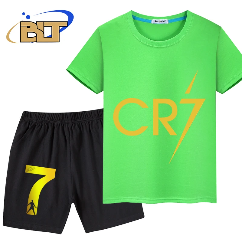 Ropa con estampado de Ronaldo para niños, traje de pantalones cortos de manga corta, Camiseta deportiva, conjunto de 2 piezas adecuado para niños, Verano