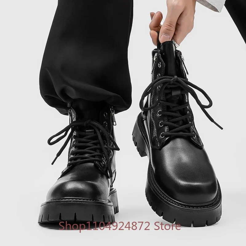 Men's Chelsea Thick Platform Leather Boots Lace Up Side Zipper Motorcycle Combat Casual Work Ankle Boots Male Shoes
