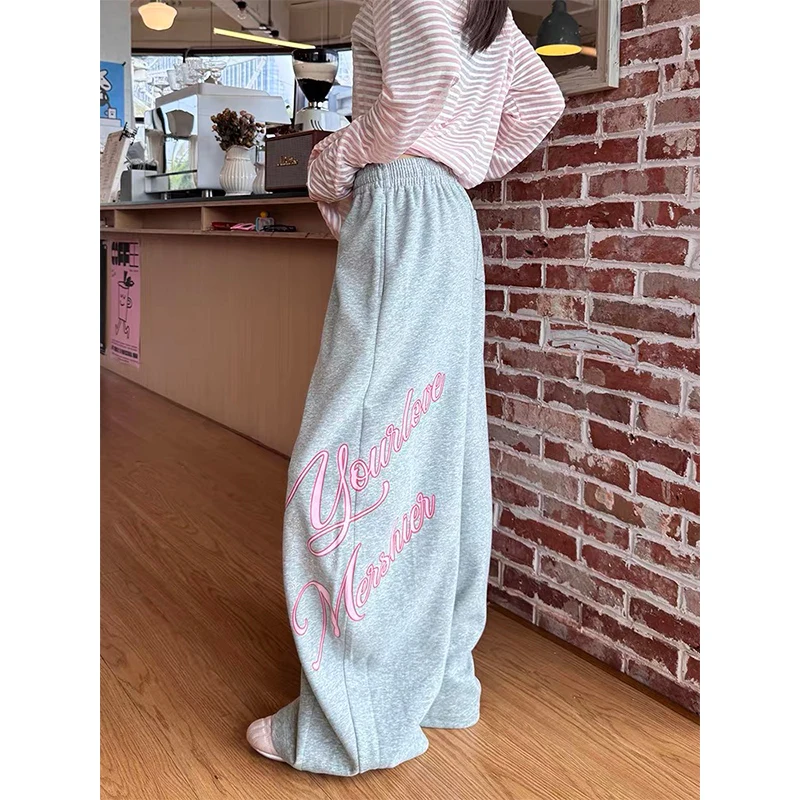 سراويل نسائية رمادية فضفاضة المظلة الخريف Sweatpants مع شريط مرن Harajuku اليابانية 2000s نمط Y2k خمر بنطلون الملابس