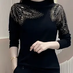 Sexy Vintage elegante interni lappatura magliette coreane Slim tinta unita Patchwork diamanti pullover a maniche lunghe abbigliamento donna