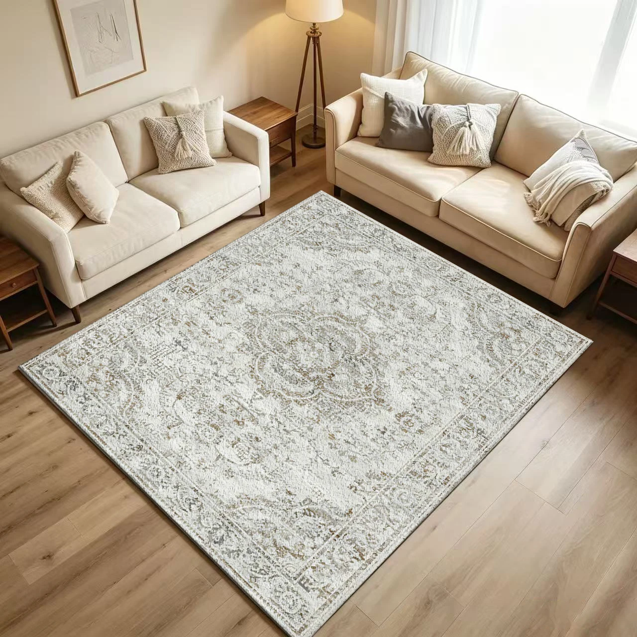 Cream Beige Distressed Vintage Area Rug Neutral Floral Living Room Carpet Home Decor Floor Mat