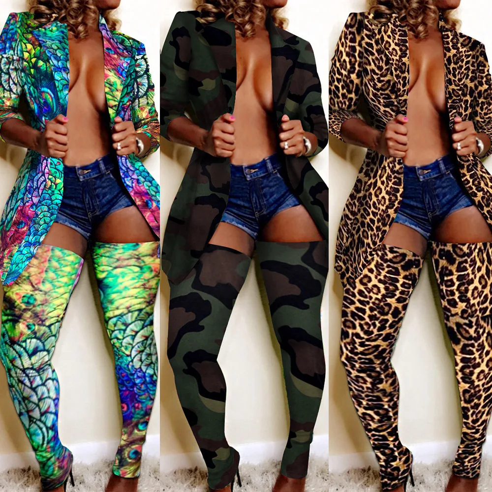 Two Piece Set Camouflage Women Leopard Print Sexy Night Club Festival Jacket Suit Outfits Long Sock Pants Color Block 2 Pcs Chic
