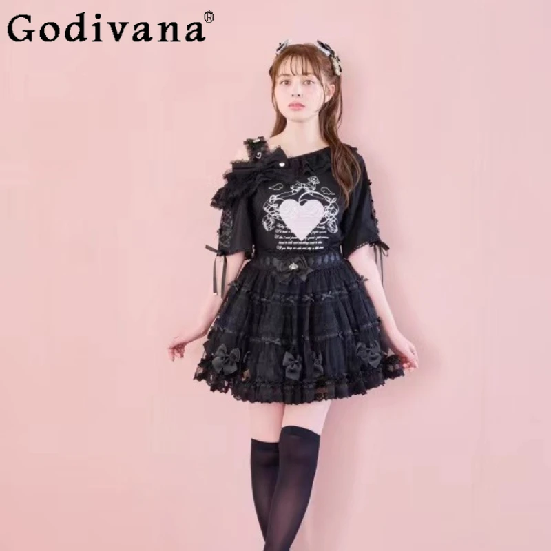 

Liz Skirt Spring Autumn 2025 Women Japanese Mine Mass-Produced Sweet Bow Lace High Waist Mini Cake Skirts Princess Girl's Skirt