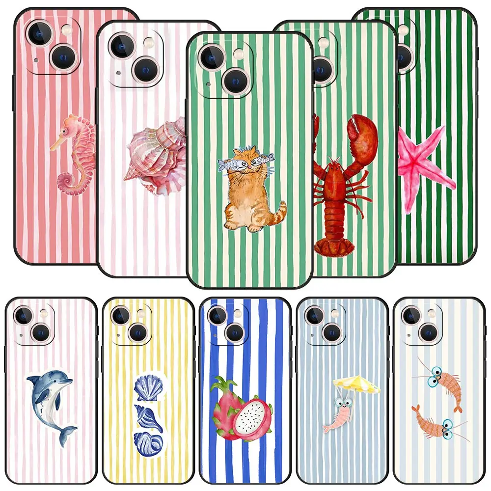Phone Case For iPhone 17 16e 15 14 13 12 11 Pro Max SE 7 8 Plus Colorful Marine Organism Striped Base For iPhone 16 TPU Cover
