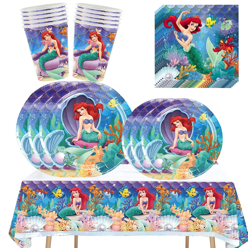 Disney Mermaid Princess Party Decoration Tableware Paper Cup Plate Napkins Forks Spoon Knife Baby Shower Birthday Party Supplies