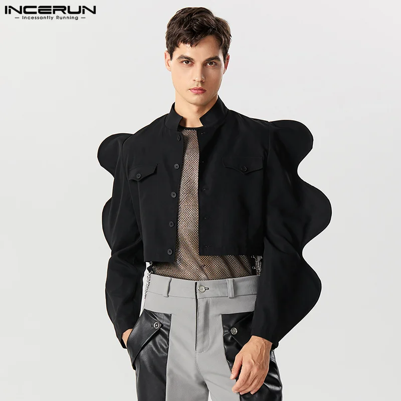 2023 Men Jackets Solid Stand Collar Petal Long Sleeve Thin Outerwear Streetwear Single Breasted Fashion Male Crop Coats INCERUN