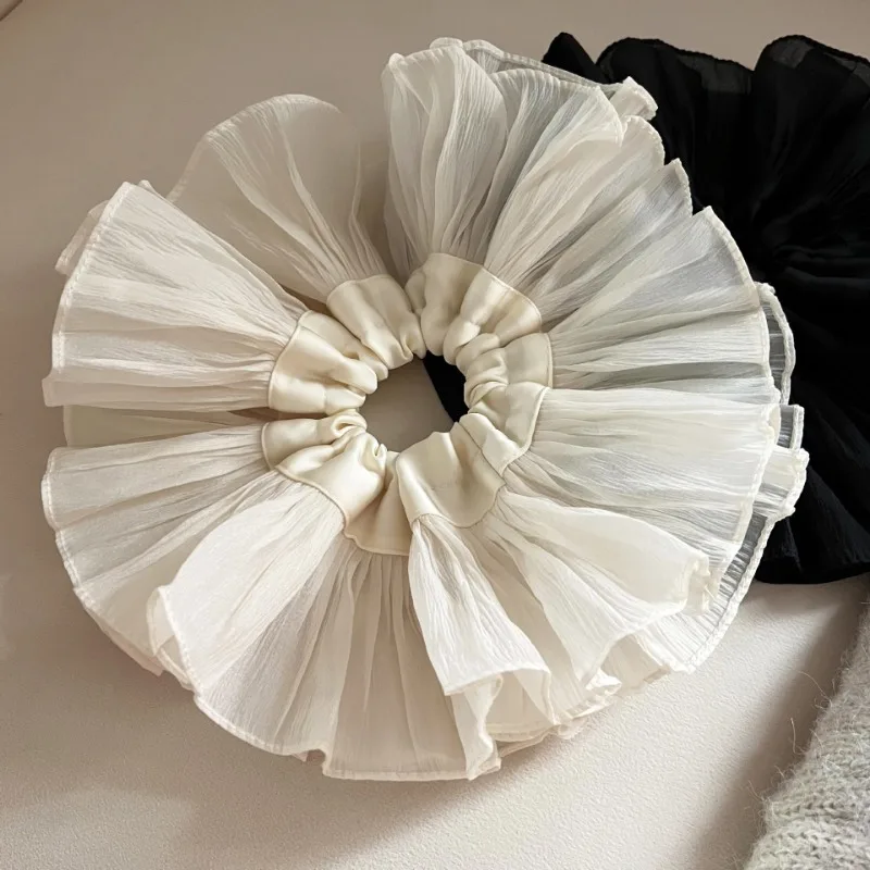 2024 Scrunchie di pizzo di raso arruffato oversize Design alla moda temperamento coreano donne esagerate copricapo con fascia per capelli a doppio