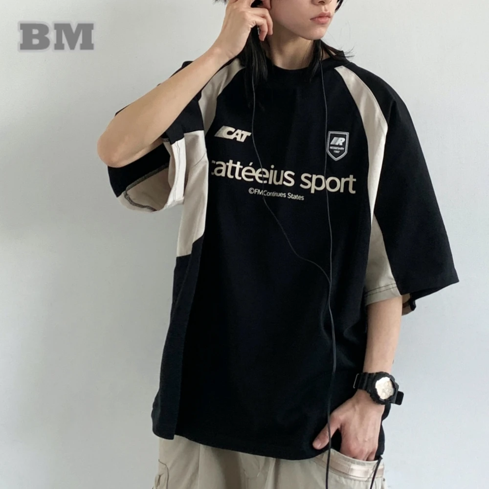 

American Streetwear Letter Print T-Shirt Men Women Summer Korean Hip Hop Tops Unisex Casual Sport Patchwork Fashion Cotton Tee