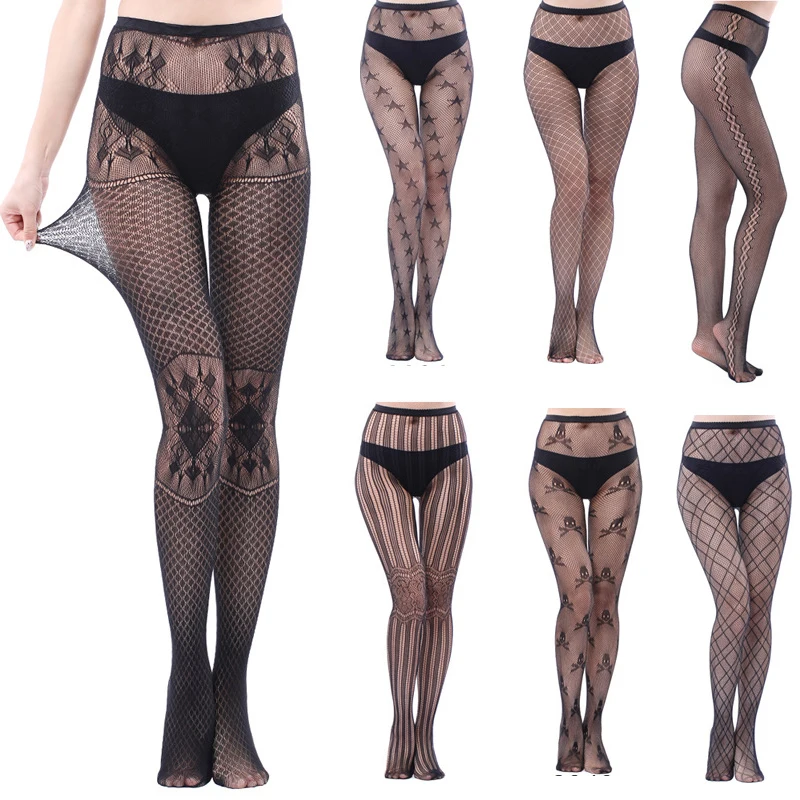 Stockings Lolita Tights Fishnets Women Mesh Pantyhose Sexy Lingerie With Print Erotic Long Cutout Female Black Skull Goth Nylon