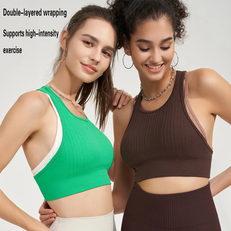 2024 Spring New Women's Contrasting Seamless Yoga Bra Fake Two-Piece Beautiful Back Gym Clothes Chest Pad Integrated Sports Vest