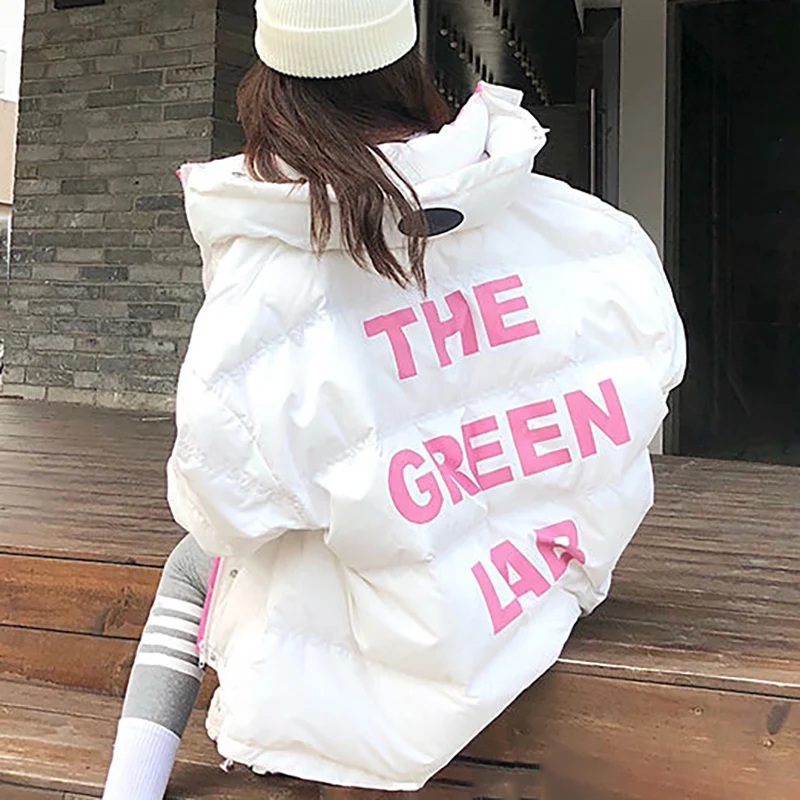 2023 Winter Women Loose Cotton Jacket Letter Print Patchwork Color Fashion Drawstring Parkas Female Casual Thicken Bread Coat