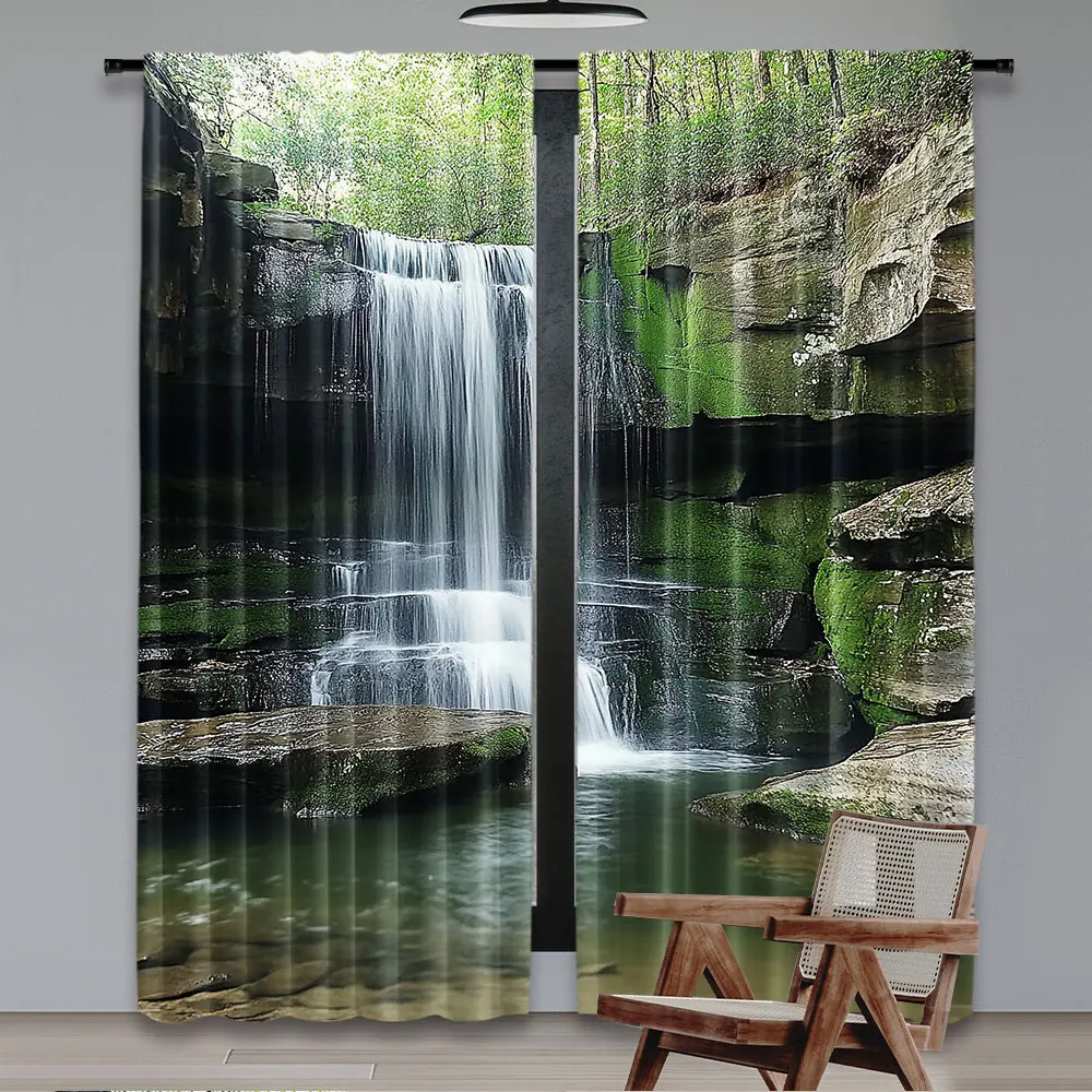 2Pcs Waterfall Curtains Rocky Waterfall To Pond Running Off Scenic Nature Themed Suitable For Bedroom Bathroom Living Room