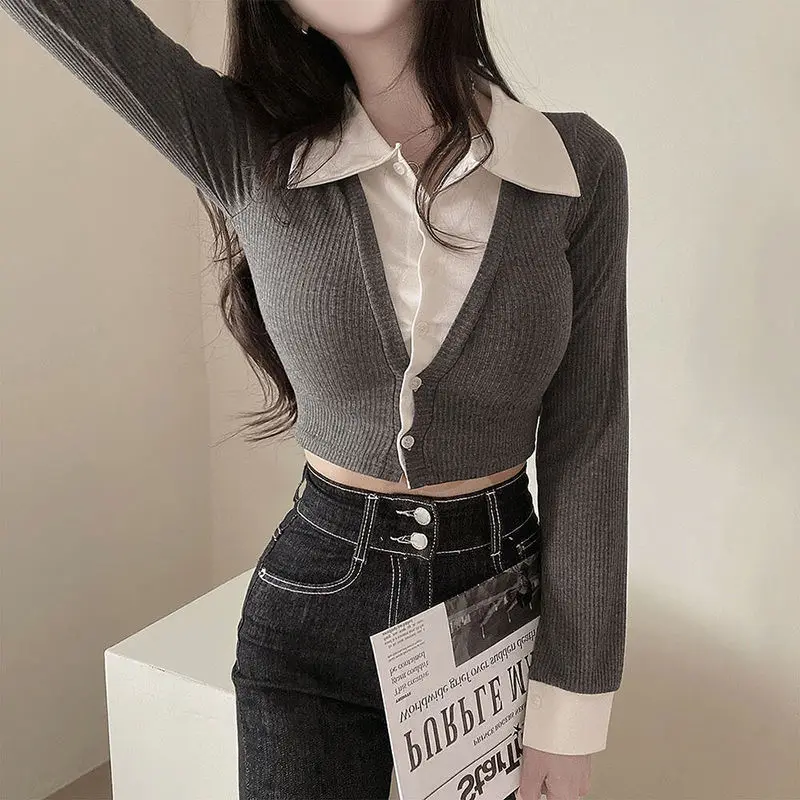 Female Fake 2-Piece Lapel Sleeve Joker Korean Style Slim Sexy Girl High Street Stitching Long Sleeves.