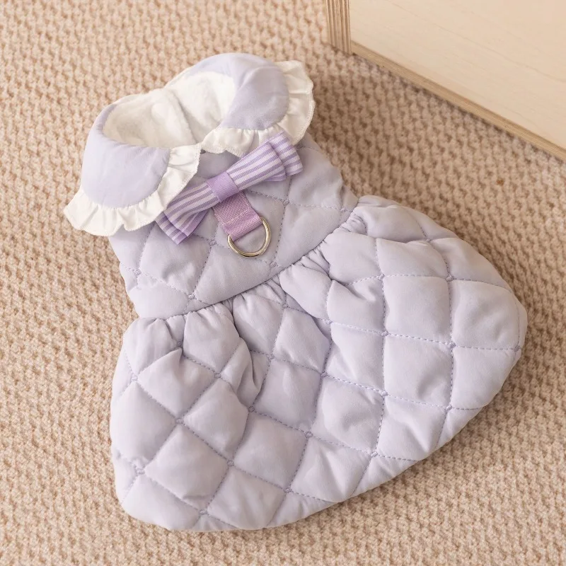 

Winter Dogs Dress Quilted Cotton Coat Two Legs Thick Fleece Vest With D Ring Leash Bow Ruffle For Small Dogs Bichon Poodle Teddy