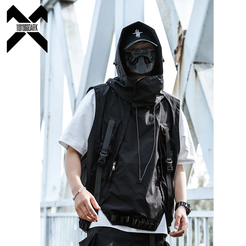 2024 Hooded Function Vest Men Hip Hop Streetwear Tactical Sleeveless Coat Jacket Multiple Pockets Tactical Vest