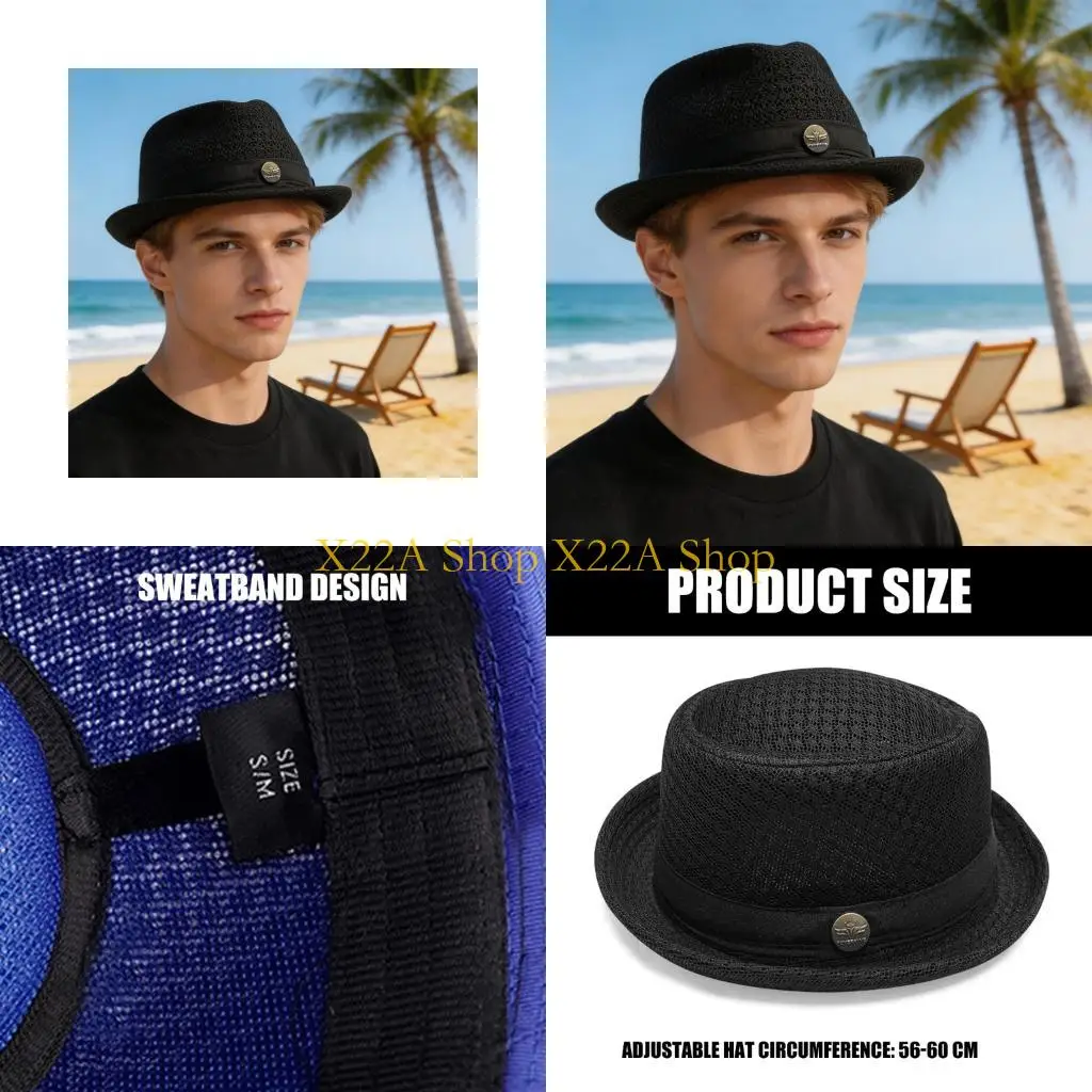 Unique Men's Breathable Pork Pie Hat with Open Mesh, Rolled Detail and Adjustable Size for Golf Beach Vacation Wear
