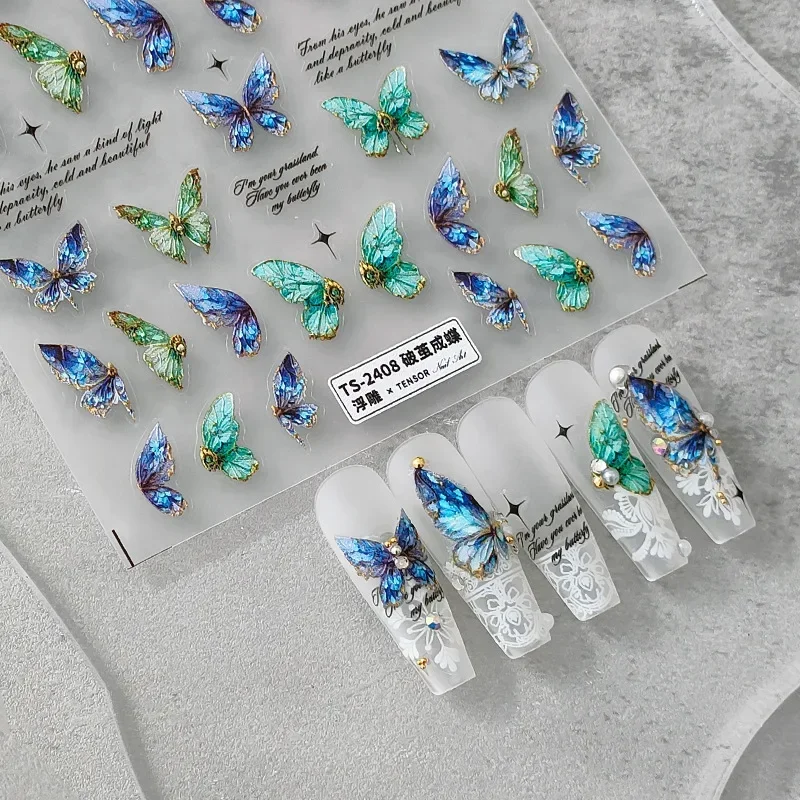 5D Green Blue Gorgeous Butterfly Shiny Nail Stickers Forest Mysterious Vibe Nail Art Self Adhesive Word Nail Accessories