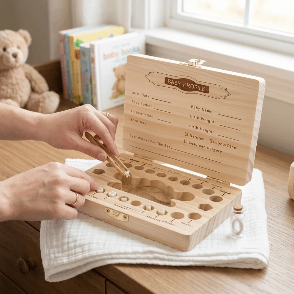 Wooden Baby Teeth Keepsake Box Smooth Wood Material Dedicated Compartments Infant Milk Teeth Storage Box Dust-Proof
