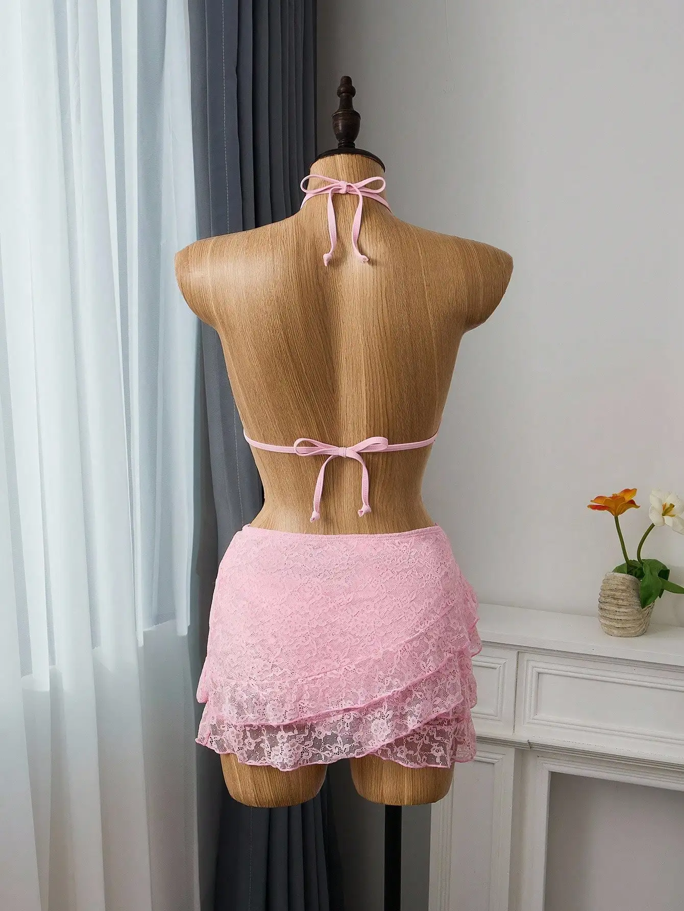 

Pink Halter Tie Bikini Set With Lace Ruffle Skirt Summer Beach Wear