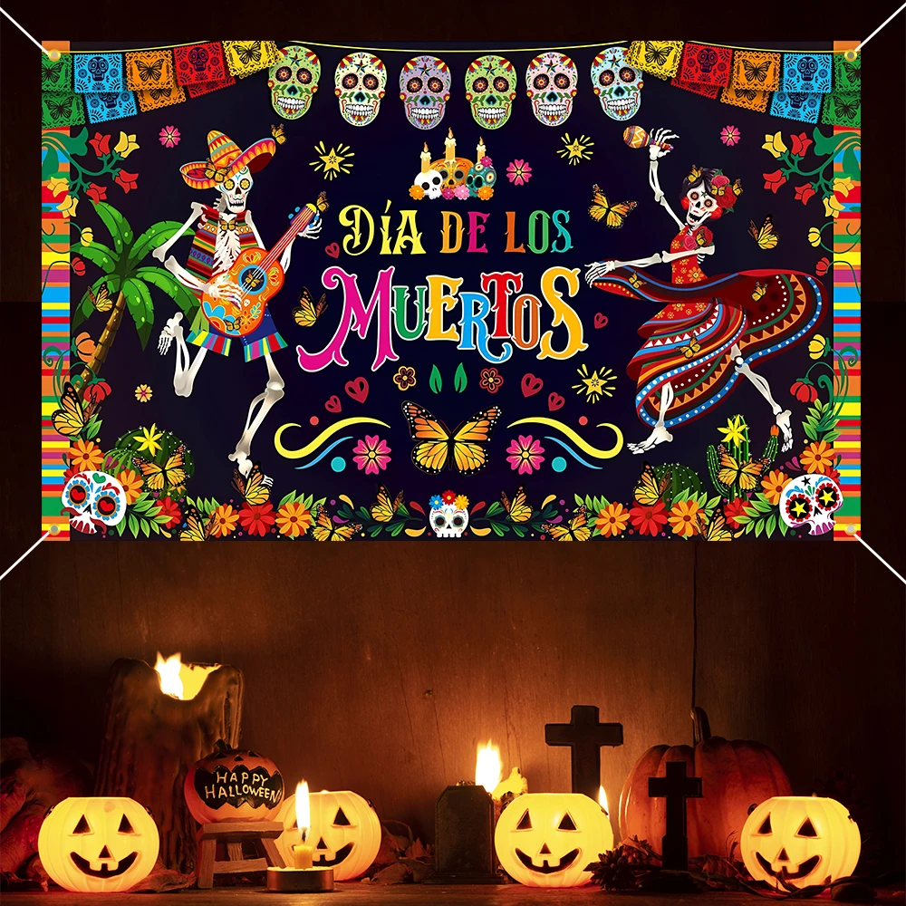 Mexican Day of The Dead Background Cloth Horror Theme Party Decoration Hanging Flag Banner Halloween Colorful Skull Decoration